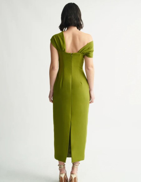 Vestido midi verde oliva con escote cruzado y tirantes multiposición