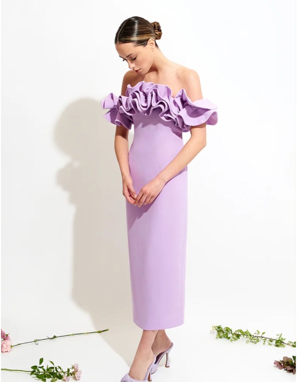 Robe midi lilas avec encolure bardot et manches amovibles 2