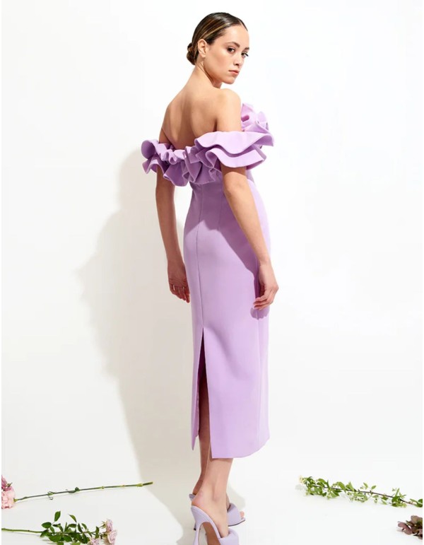 Robe midi lilas avec encolure bardot et manches amovibles