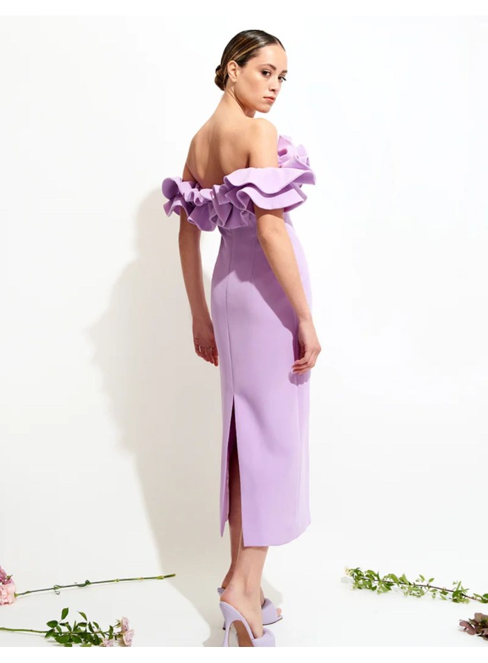 Vestido midi lila con cuello bardot y mangas...