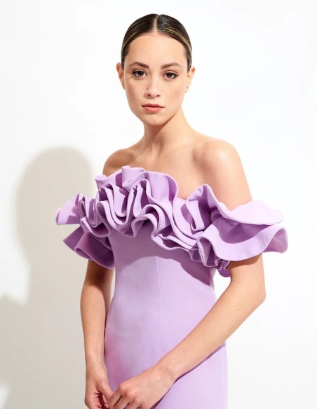 Robe midi lilas avec encolure bardot et manches amovibles