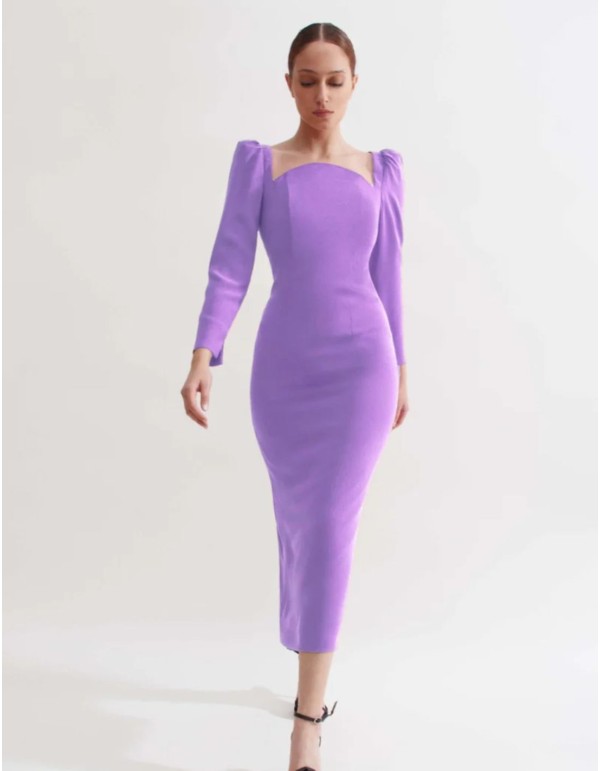 Lilac midi dress with pencil silhouette and semicircular...