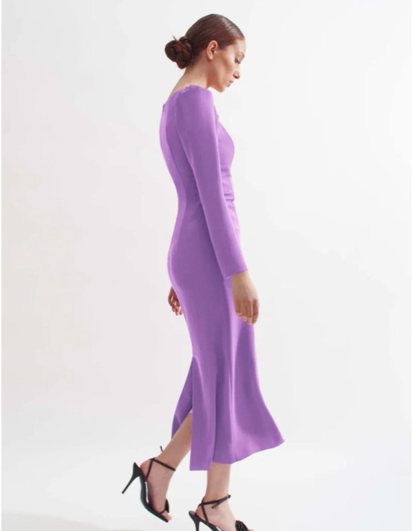 Vestido midi lila de silueta lápiz y escote semicircular 2