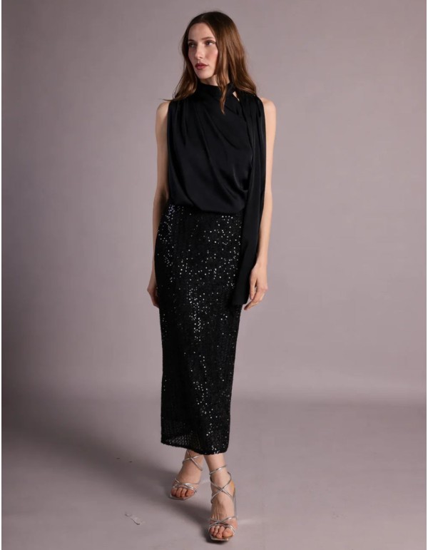 Robe midi noire avec corsage en satin et jupe à paillettes