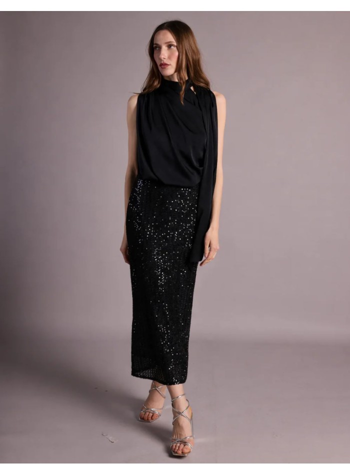 Black midi dress with satin bodice and sequin...