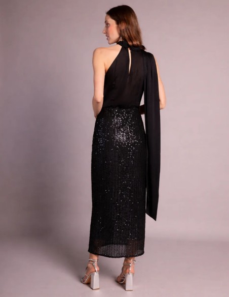 Black midi dress with satin bodice and sequin skirt