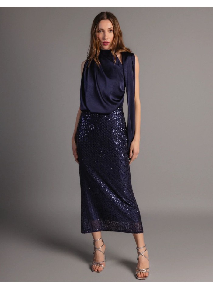 Robe midi bleu marine avec corsage en satin et...