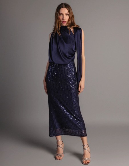 Navy blue midi dress with satin bodice and sequin skirt