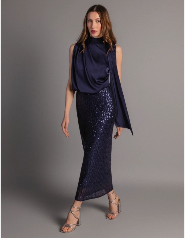 Robe midi bleu marine avec corsage en satin et jupe à... 2