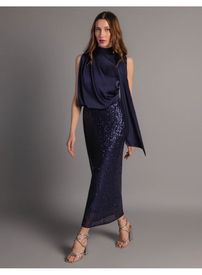 Navy blue midi dress with satin bodice and...