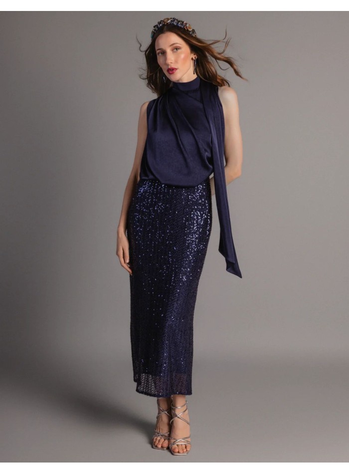 Robe midi bleu marine avec corsage en satin et...