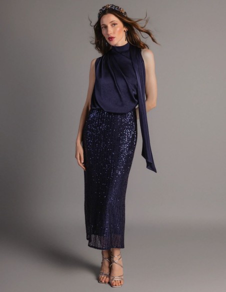 Navy blue midi dress with satin bodice and sequin skirt