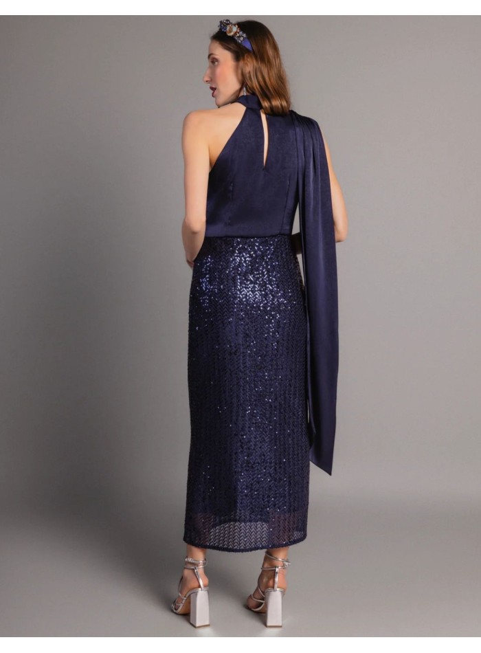 Navy blue midi dress with satin bodice and...