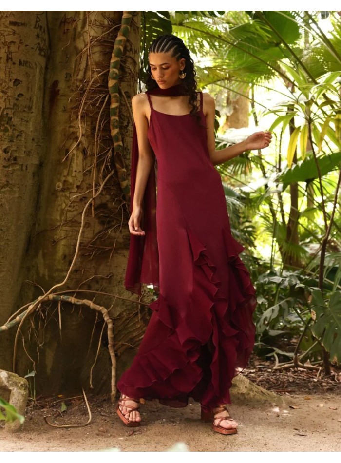 Robe longue à fines bretelles tressées et à...