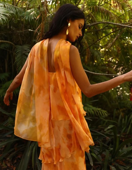 Robe longue sans bretelles à imprimé orange