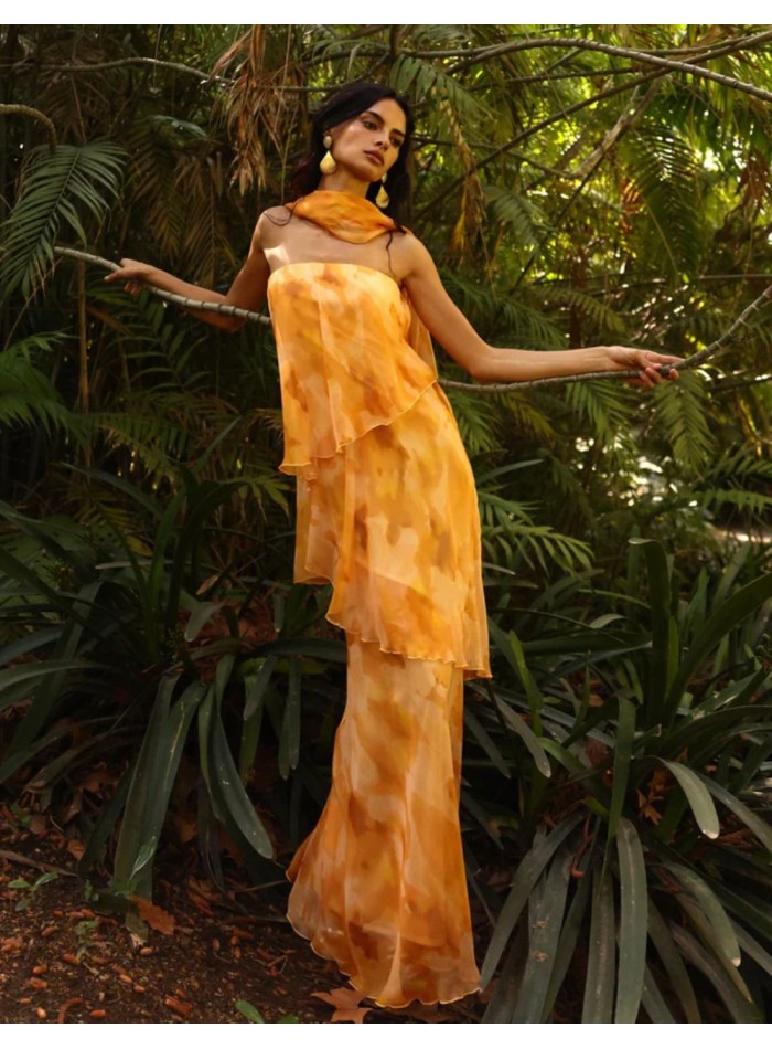 Robe longue sans bretelles à imprimé orange