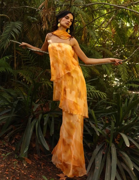 Robe longue sans bretelles à imprimé orange