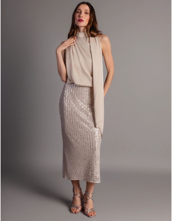 Ivory midi dress with satin bodice and sequin skirt 2