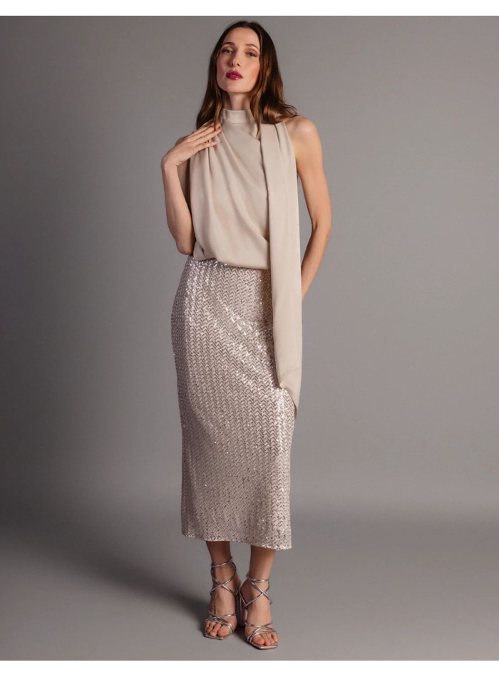 Ivory midi dress with satin bodice and sequin...