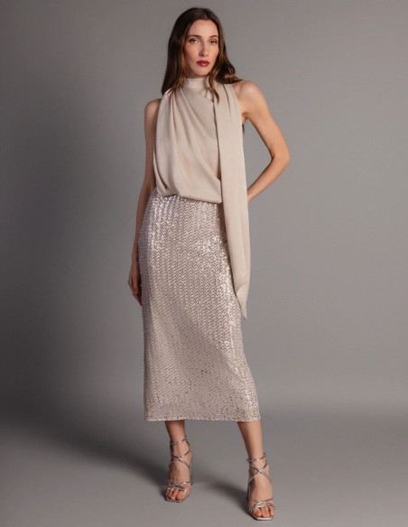 Ivory midi dress with satin bodice and sequin skirt