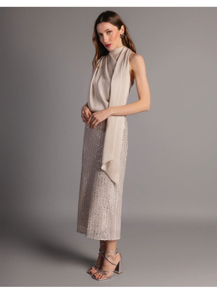 Ivory midi dress with satin bodice and sequin...