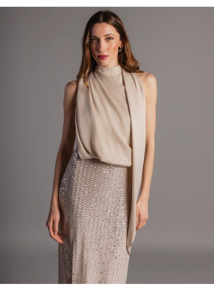 Ivory midi dress with satin bodice and sequin...