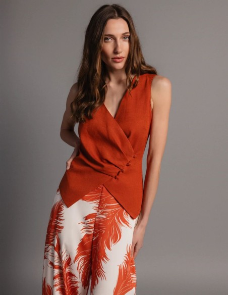 Gilet croisé en lin, couleur rousse