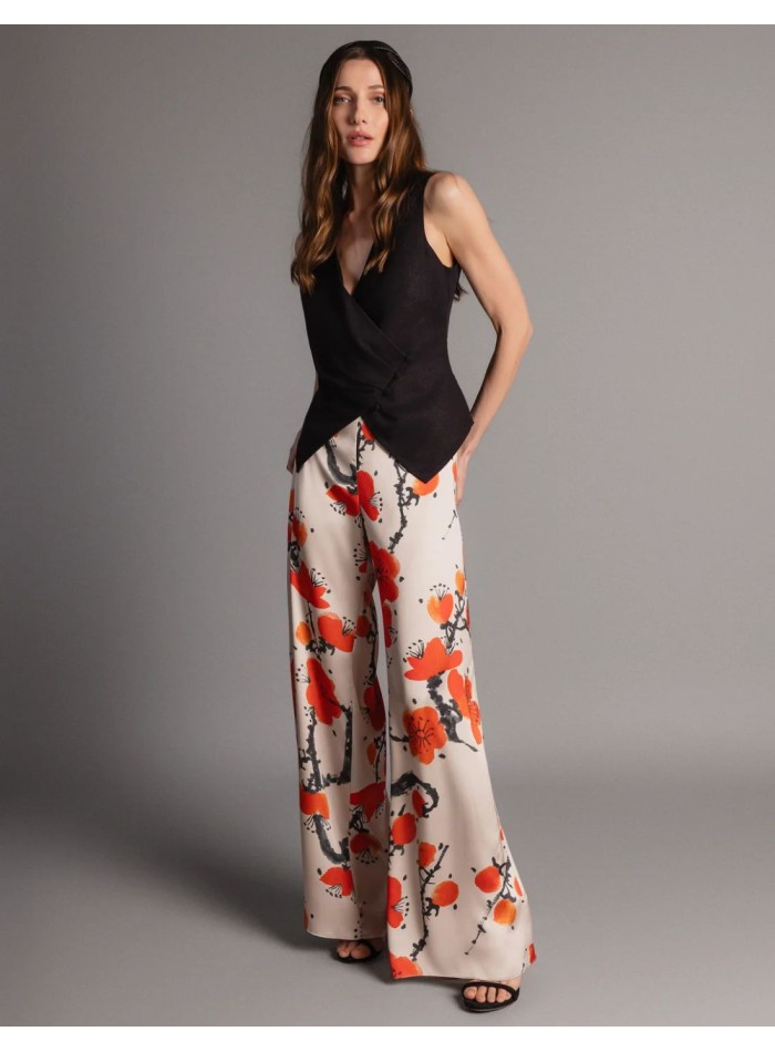 Pantalón con estampado de flores satinado