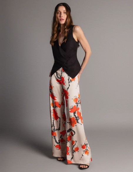 Pantalón con estampado de flores satinado