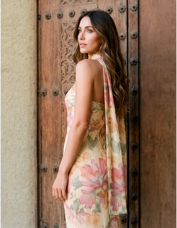 Vestido palabra de honor estampado floral pastel con chal