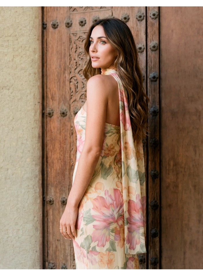 Robe bustier à imprimé floral pastel avec châle