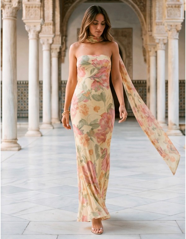 Strapless pastel floral print dress with shawl 2