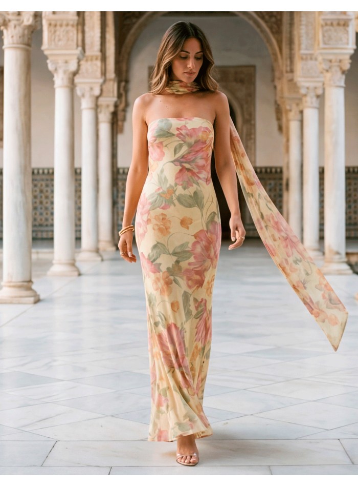 Robe bustier à imprimé floral pastel avec châle