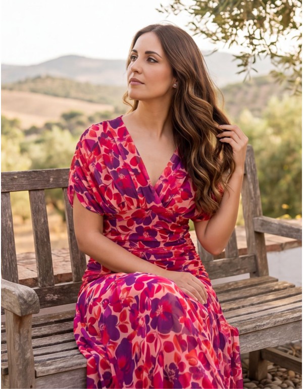 Pink and purple printed midi dress with draped waistline 2