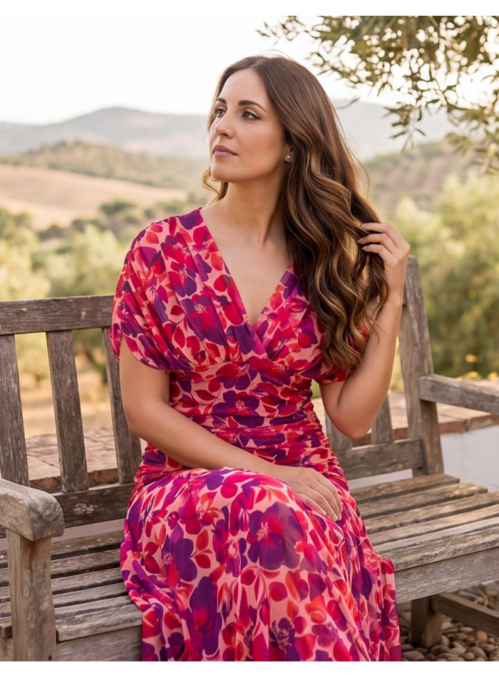 Robe midi imprimée rose et violette avec taille...