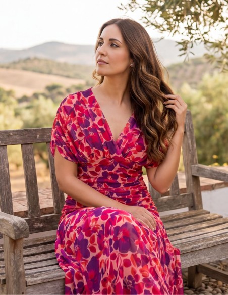 Pink and purple printed midi dress with draped waistline