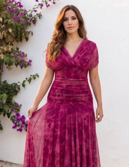 Bougainvillea printed midi dress with draped at the waist