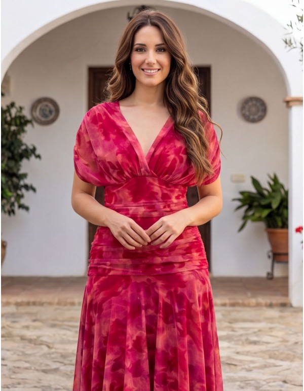 Vestido midi rosa estampado con drapeado y falda fluida