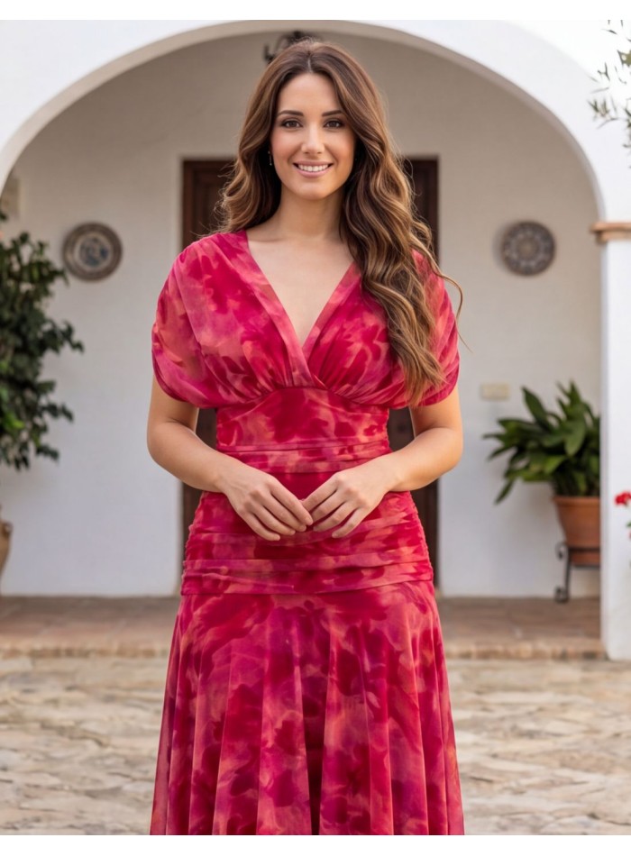 Vestido midi rosa estampado con drapeado y...