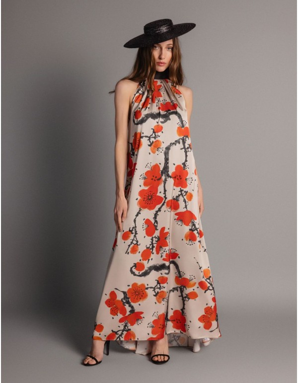 Vestido largo estampado de satén con cuello halter