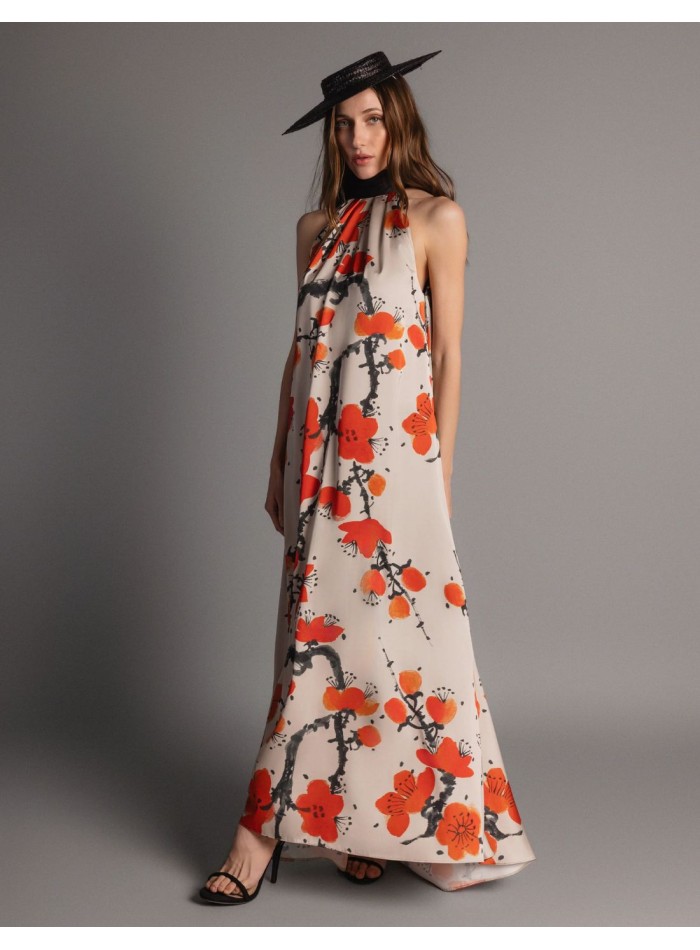Vestido largo estampado de satén con cuello halter para fiesta