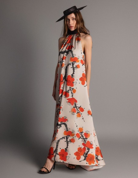 Vestido largo estampado de satén con cuello halter para fiesta