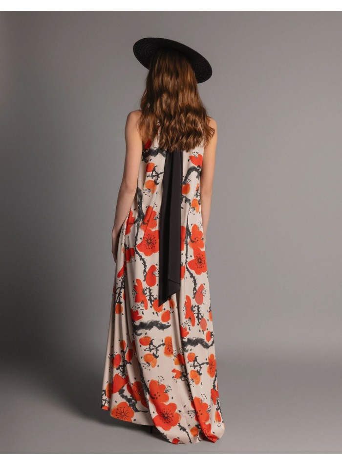 Long printed satin halter neck satin dress