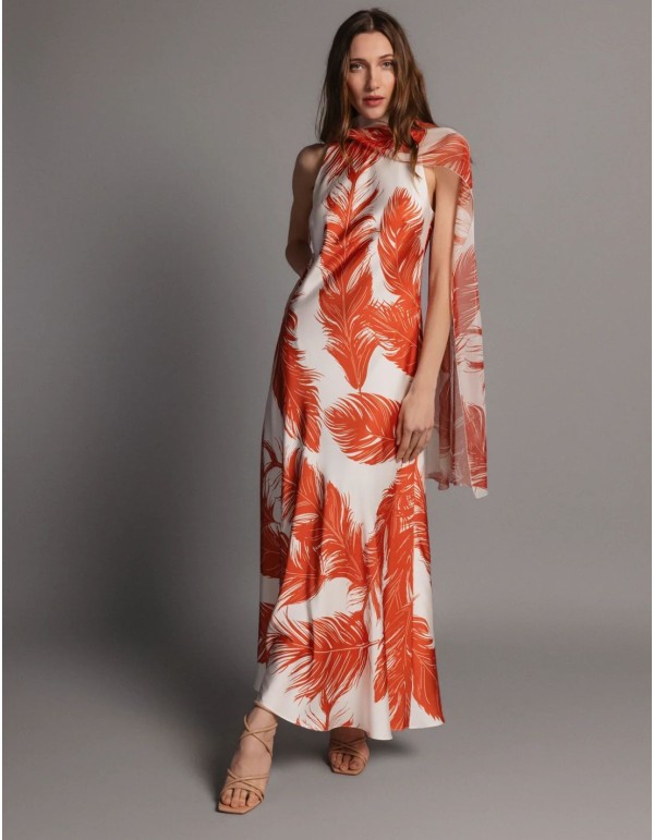 Printed midi dress in orange and beige shades of satin... 2