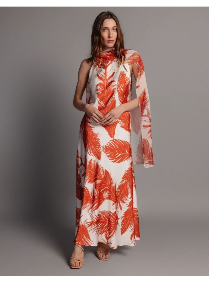 Printed midi dress in orange and beige shades...
