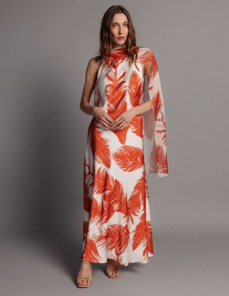 Printed midi dress in orange and beige shades of satin with shawl
