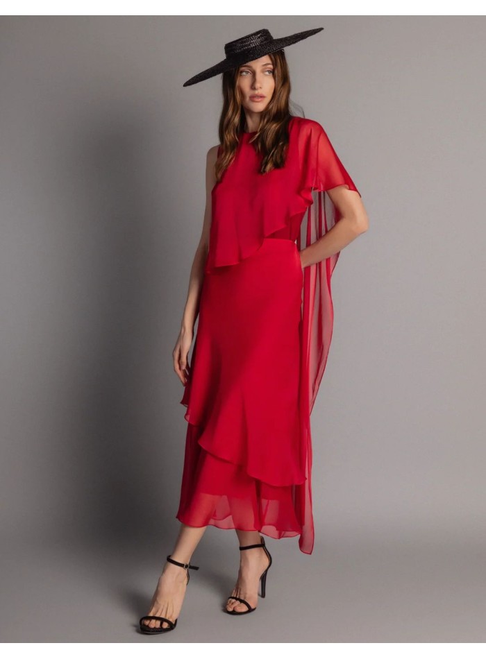 Falda midi roja de gasa con volantes
