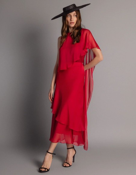 Red chiffon midi skirt with ruffles