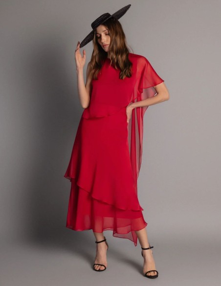 Falda midi roja de gasa con volantes