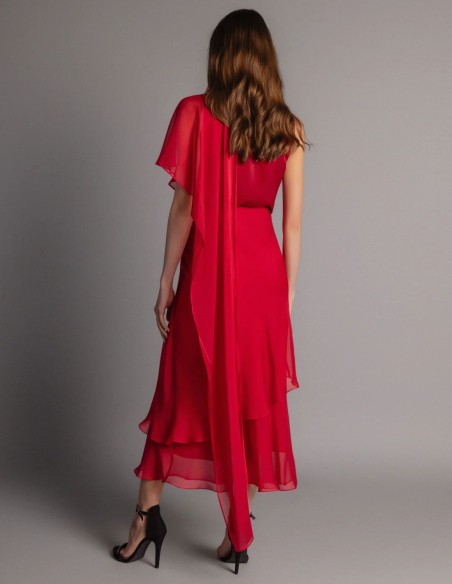 Red chiffon midi skirt with ruffles